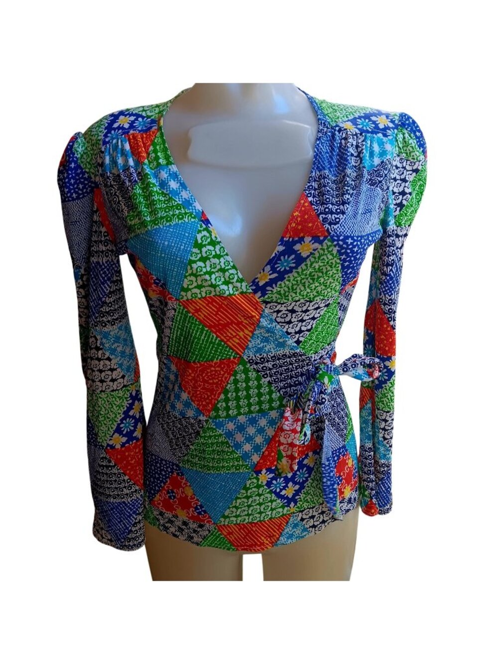True Vintage Patchwork Print Wrap Blouse Medium Tie Waist 1970's Boho Disco